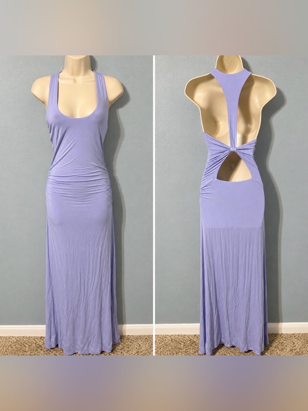 Kookai Lavender Maxi Dress Open Back Cutout Ruched Bodycon Y2K Resort Sexy XXS